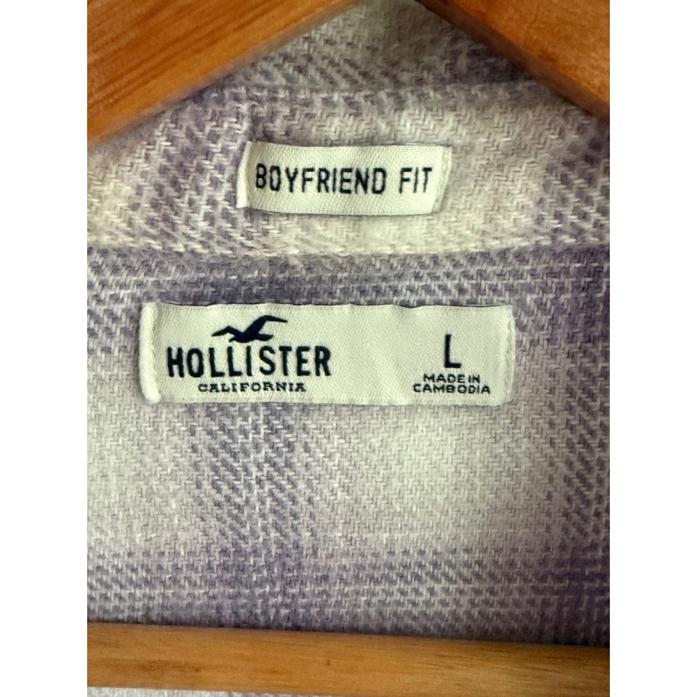 Hollister Purple White Plaid Flannel Shirt Boyfriend Fit Womens Large Button Up - Picture 3 of 3
